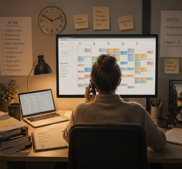 Büromitarbeiterin sitzt am überfüllten Schreibtisch und telefoniert